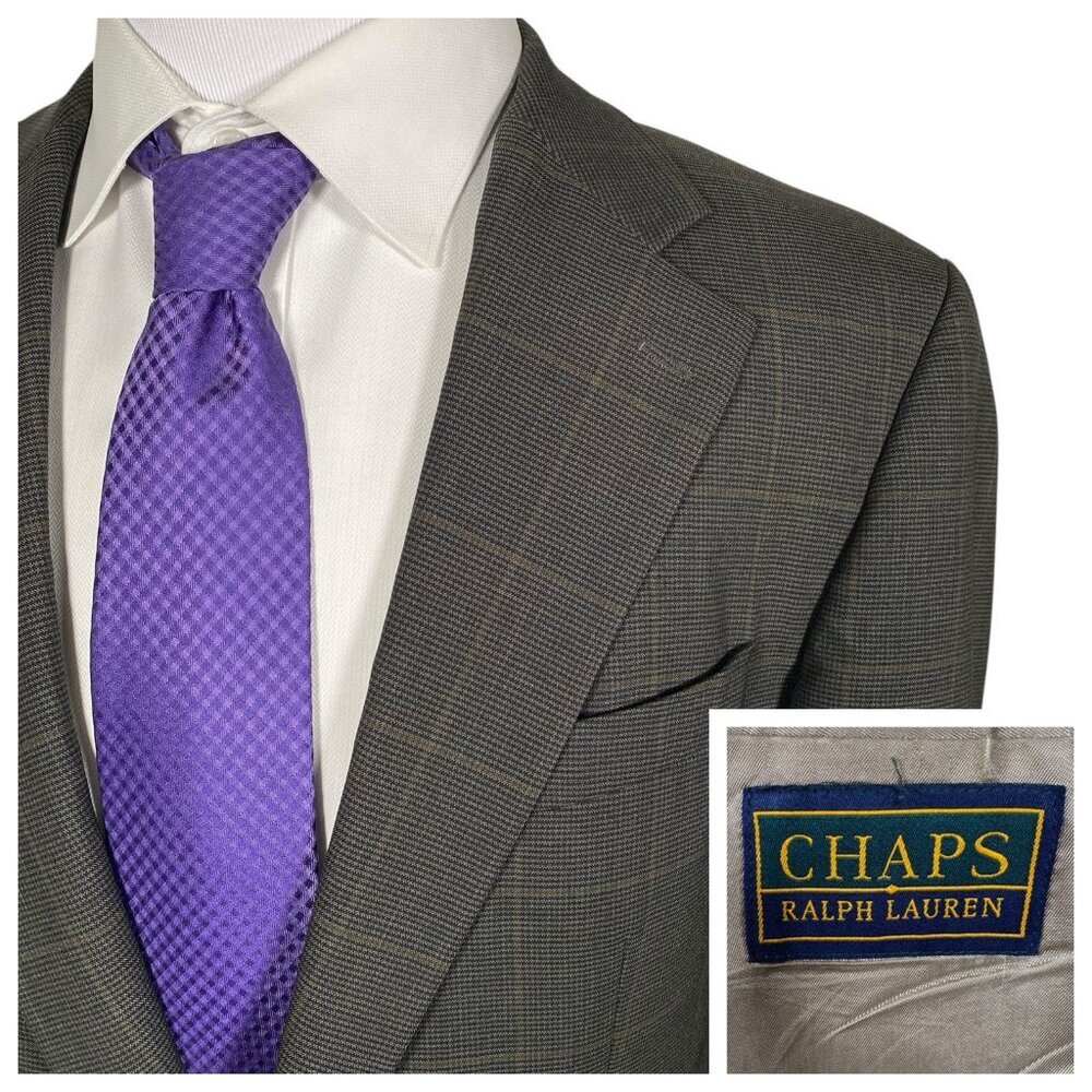 Chaps Ralph Lauren Sport Coat 42R 42L Puppytooth Windowpane Olive 100% Wool